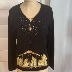 Vintage Berek Christmas Embellished Nativity Vneck top XL
